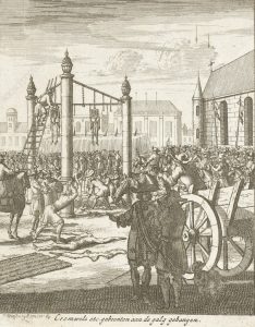 Grabado de época mostrando la ejecución póstuma de Oliver Cromwell en Londres (c. 1661)