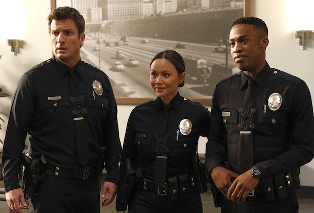 THE ROOKIE - "Plain Clothes Day" - The rookies are really put to the test when their training officers accompany them out of uniform for Plain Clothes Day, which forces them to make all the decisions while on patrol. Meanwhile, Officer Nolan tries to prove he has been progressing faster than the other rookies to justify his desire of becoming a detective within five years on "The Rookie," airing TUESDAY, FEB. 26 (10:00-11:00 p.m. EST), on The ABC Television Network. (ABC/Rick Rowell) NATHAN FILLION, MELISSA O'NEIL, TITUS MAKIN JR.